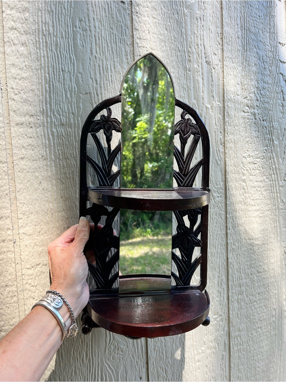 Vintage Hand Carved Wood Shelf with Mirrors